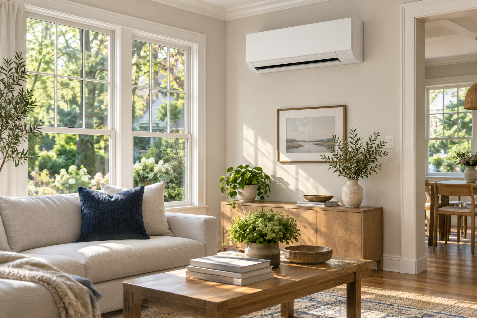 Ductless mini-split in a comfortable living room, illustrative image