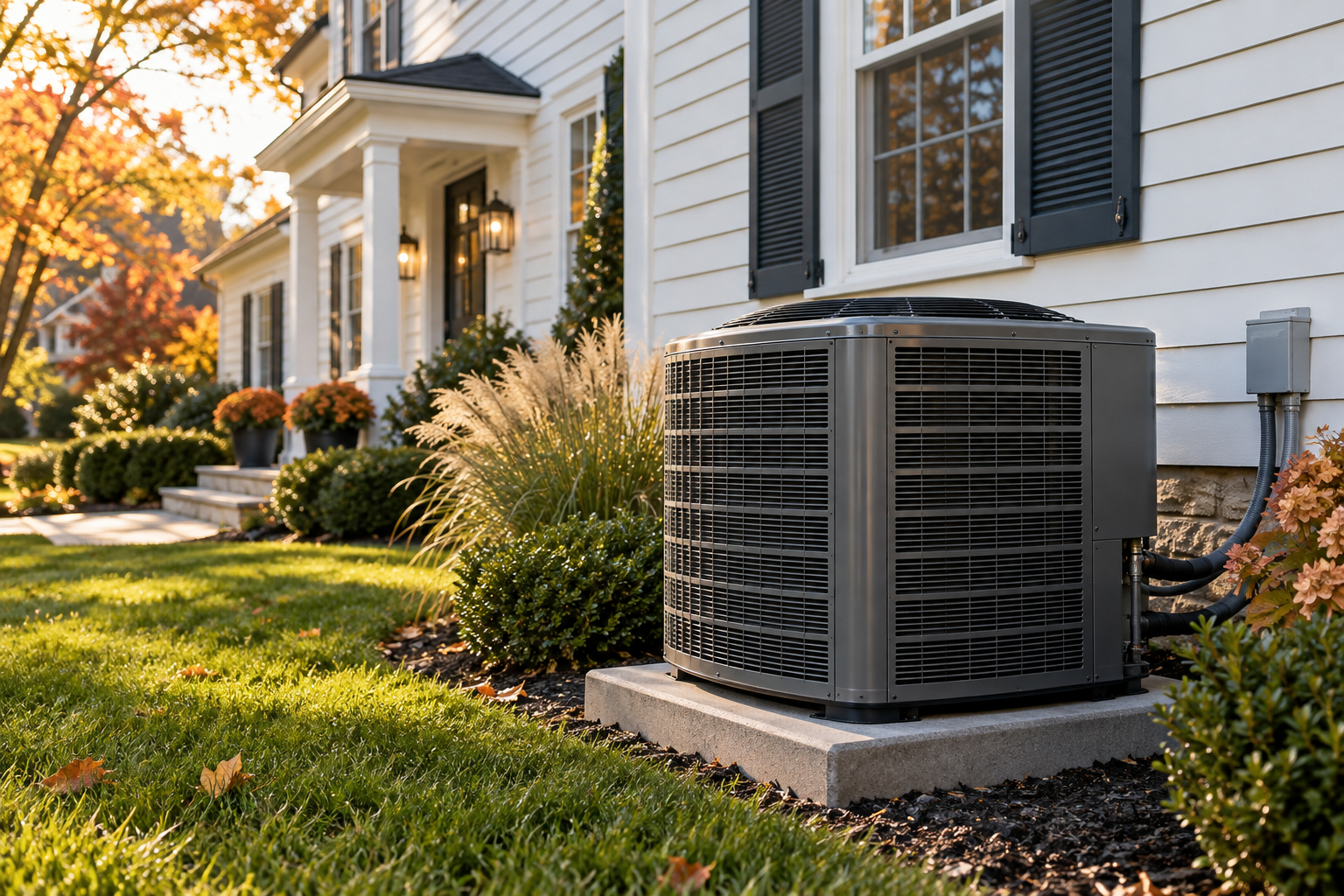 Central air conditioning equipment beside a suburban home, illustrative HVAC image